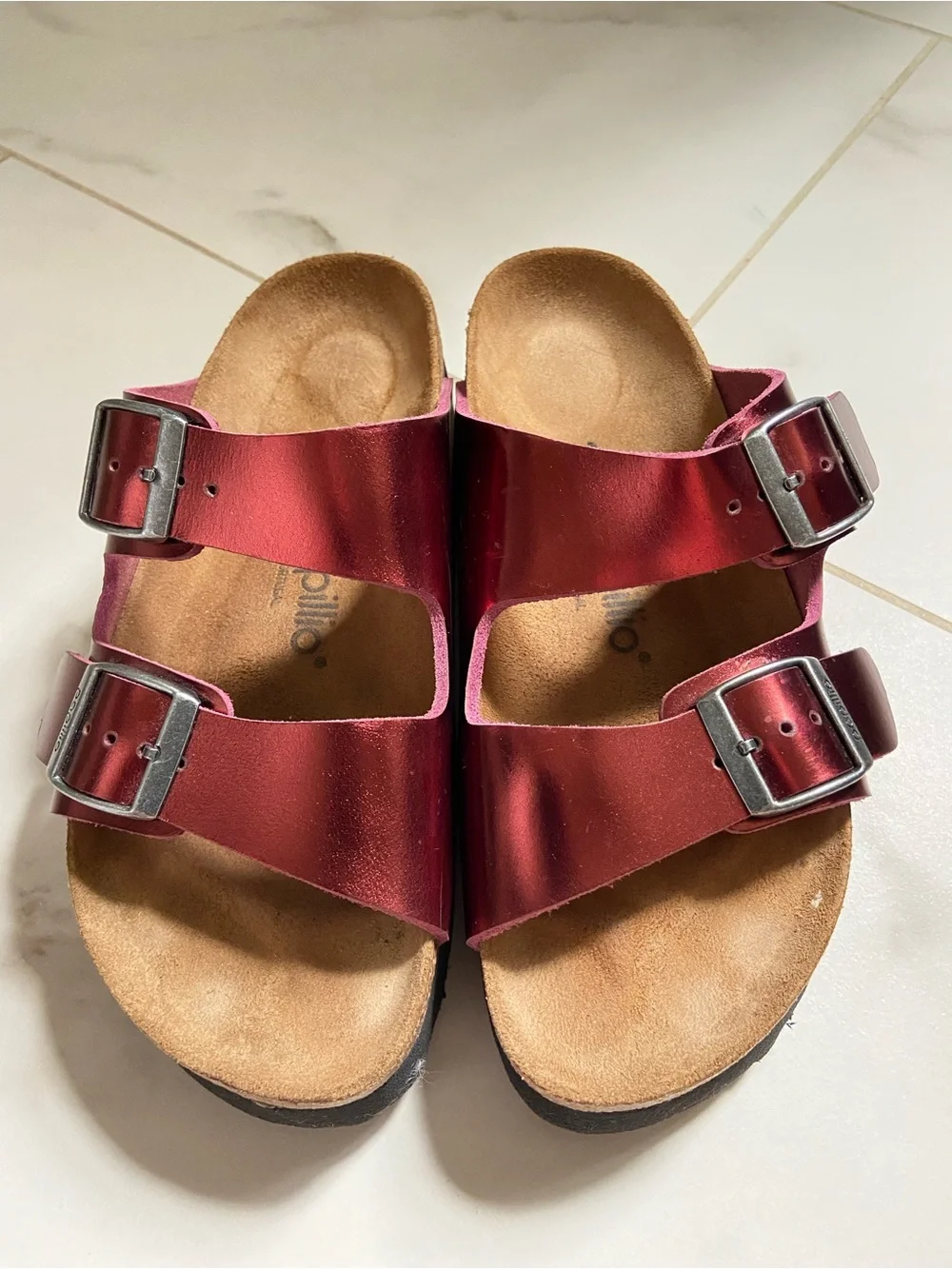Papillio Women's Metallic Red Double-Buckle Slide Sandals